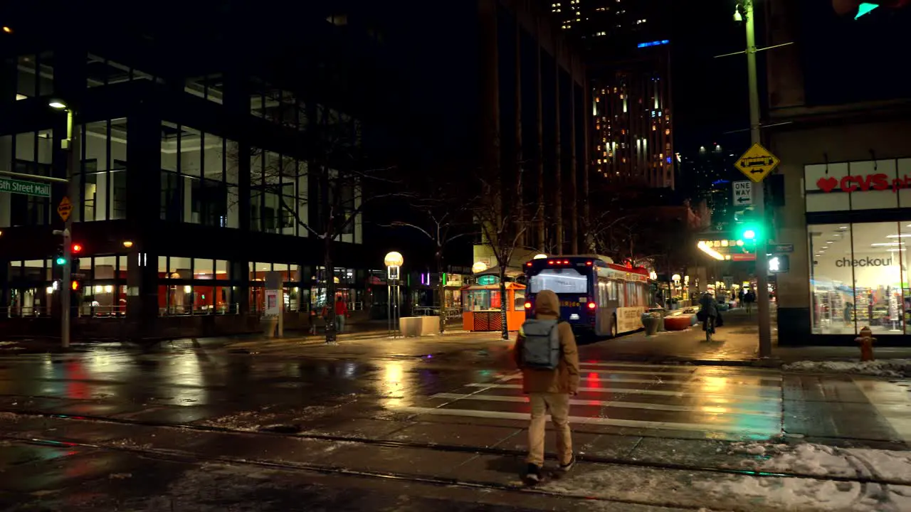 Bus going through the 16th street mall in winter