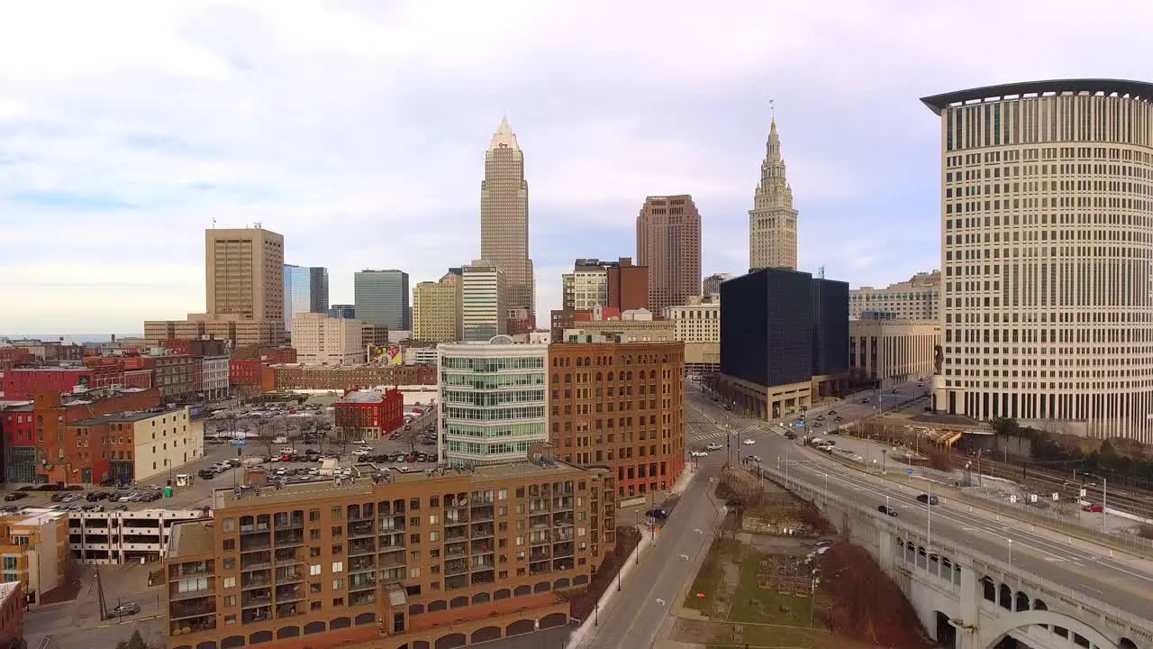 Rising drone shot of downtown Cleveland Ohio