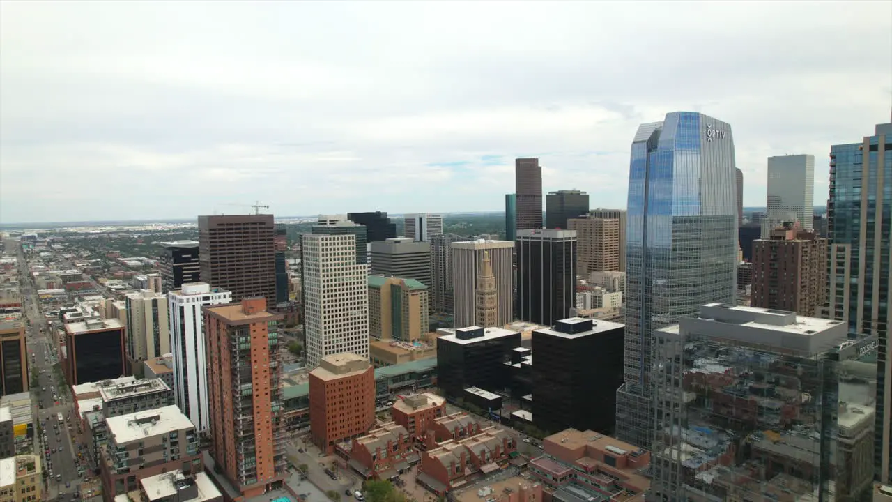 Aerial Drone Reversing over tall buildings and skyscrapers in the Downtown area of Denver Colorado USA