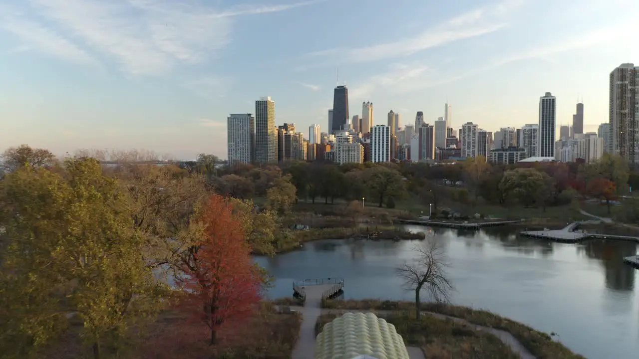 Beautiful Aerial View of Chicago's Lincoln Park in Fall Colors at Sunset