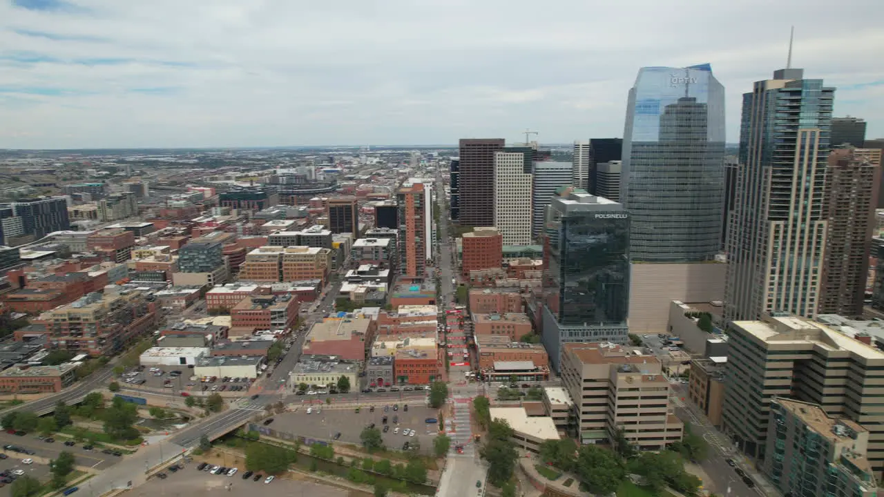 Drone panning over the skyline of Downtown Denver Colorado USA