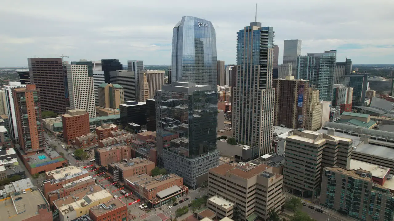 Aerial Drone reverse rising above the skyscrapers of Downtown Denver Colorado USA