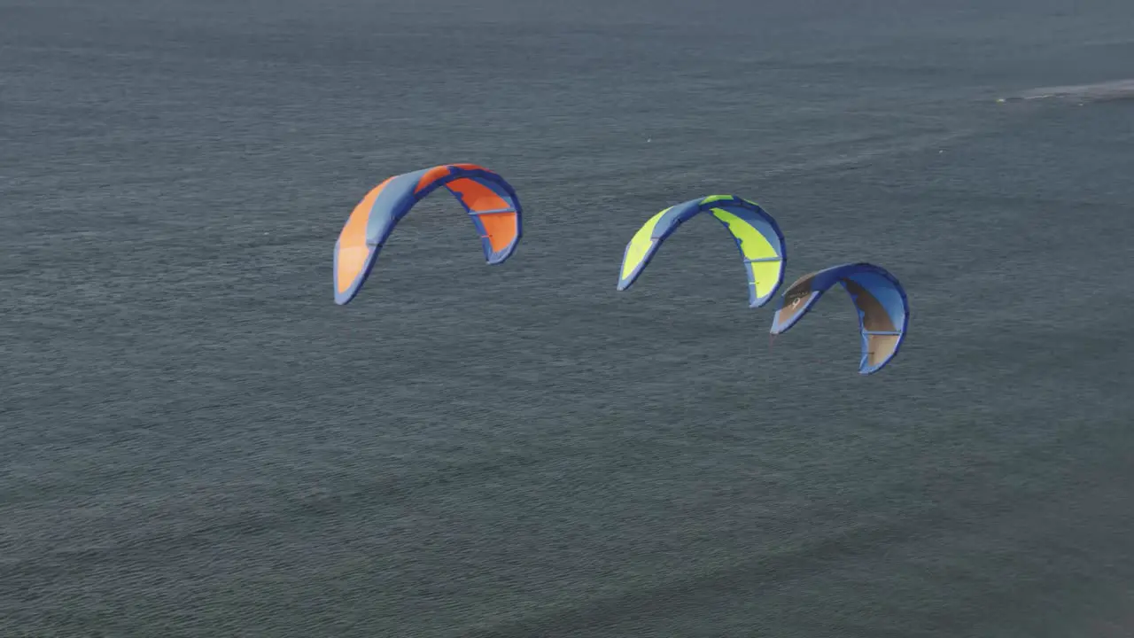 Three colorful power kites flying in the air above a seascape