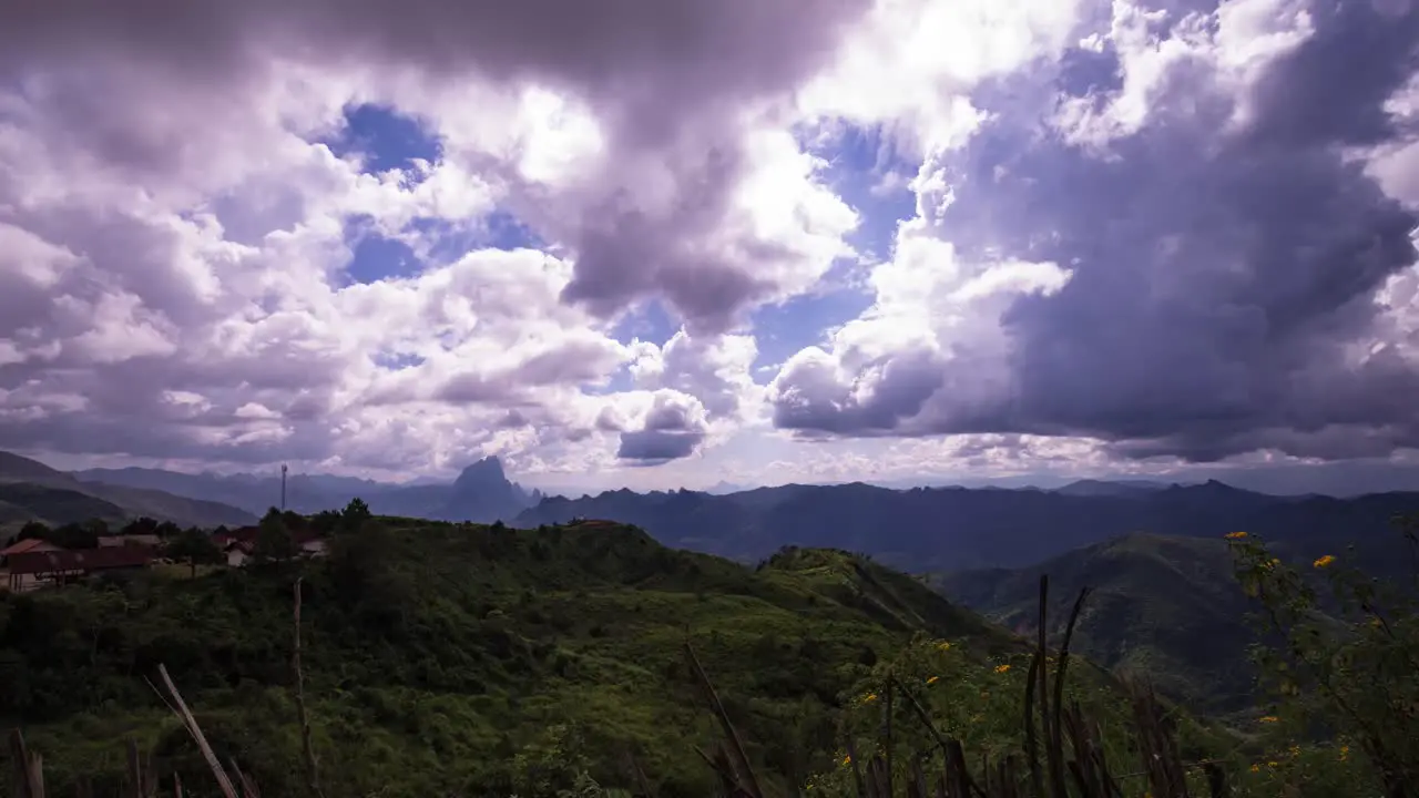 Mountainous view in Northern Laos with moving clouds