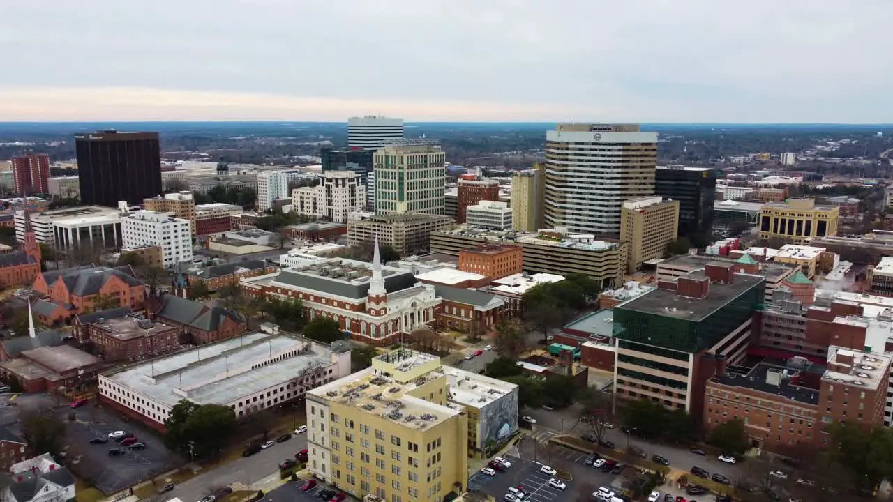 A moving drone shot of the first baptist church of Columbia in Columbia South Carolina