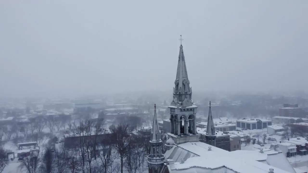 Drone footage flying around a church