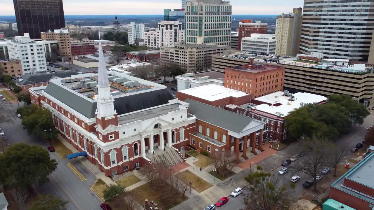 An orbiting drone shot of first baptist church of Columbia