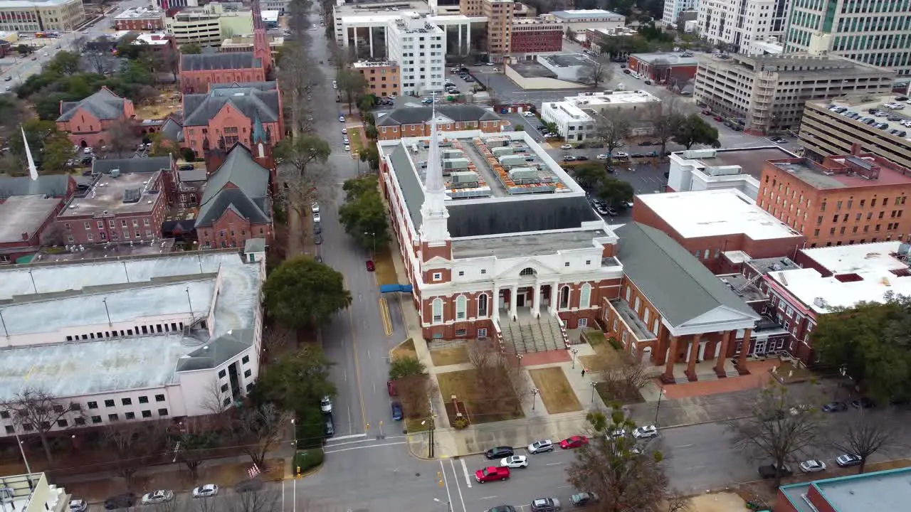 an elevated orbiting drone shot of First baptist church Columbia South Carolina