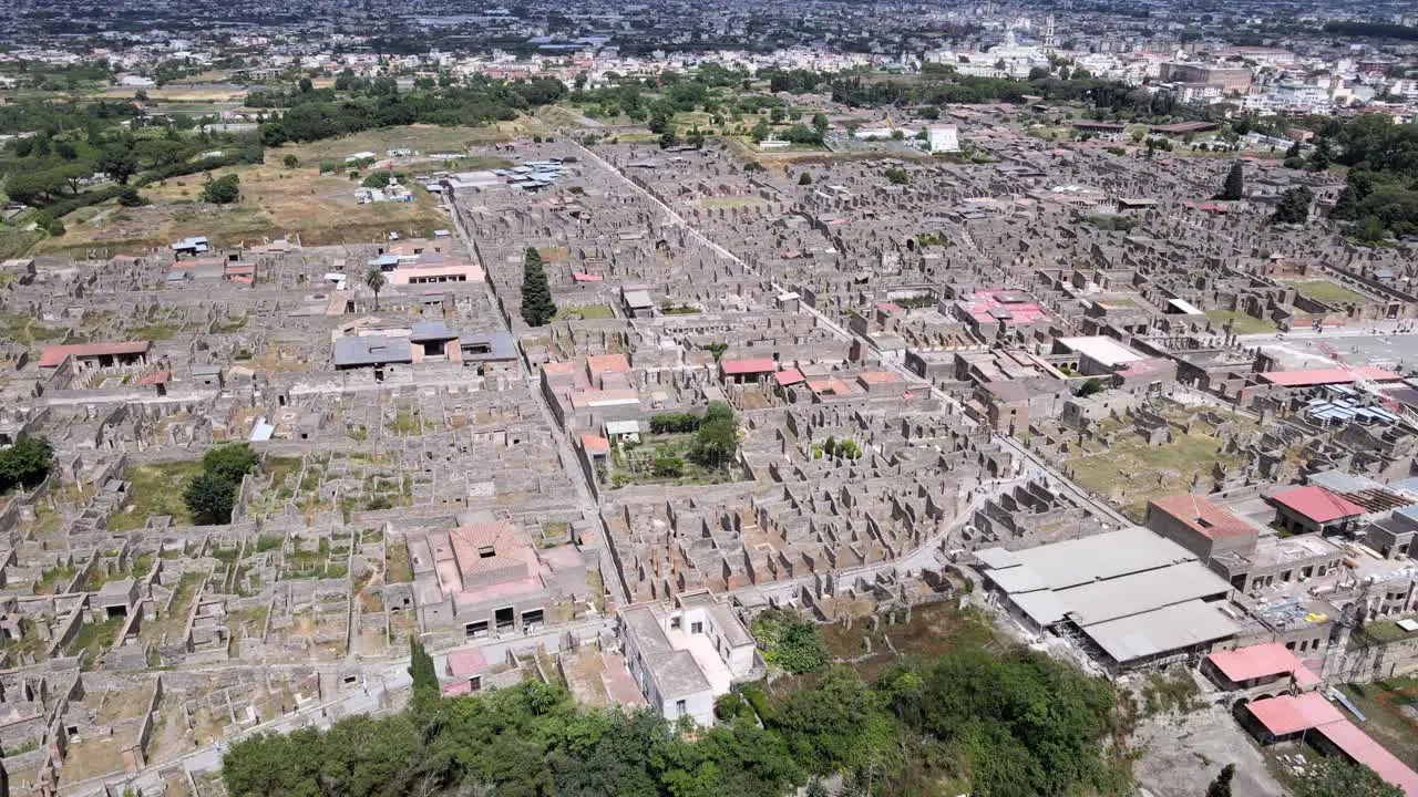 Aerial drone shot over Pompei Italy