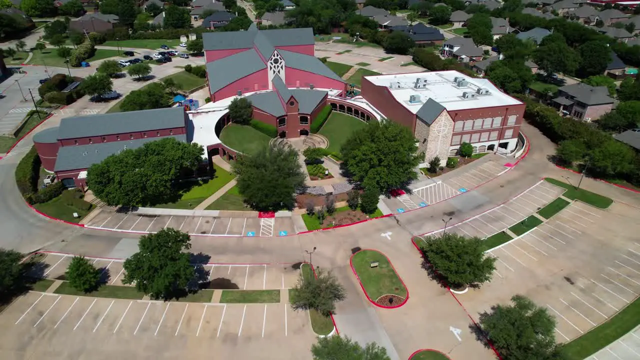 Aerial footage of Trietsch Memorial United Methodist Church in Flowermound Texas located at 6101 Morriss Rd Flower Mound TX 75028