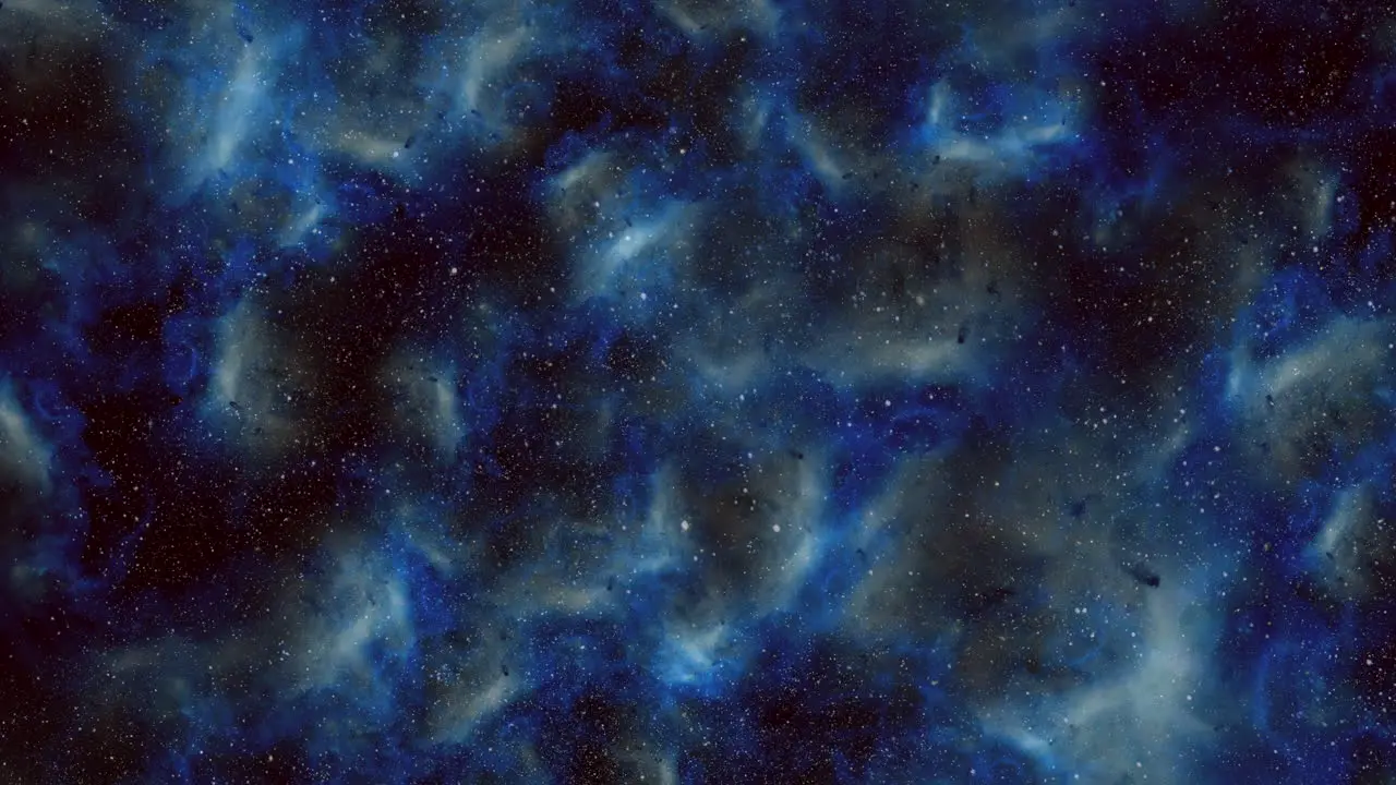 Universe with flying dust in dark blue clouds