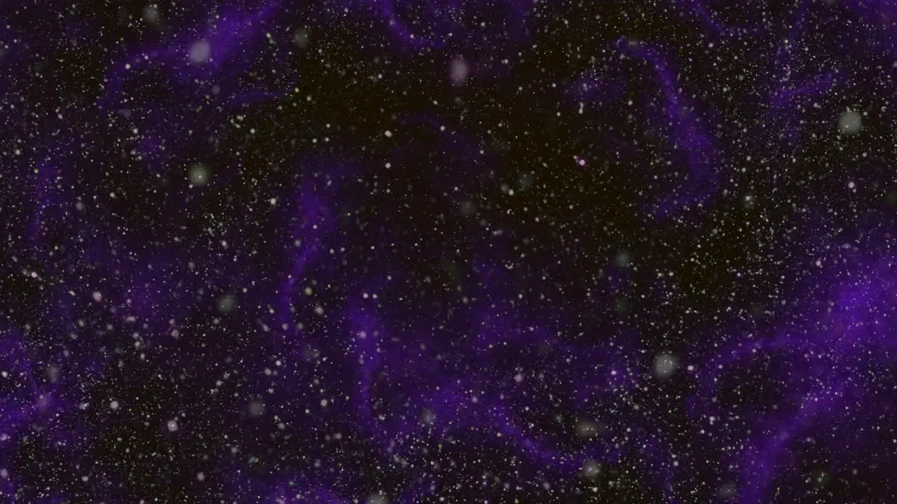 Universe with flying dust in dark purple clouds