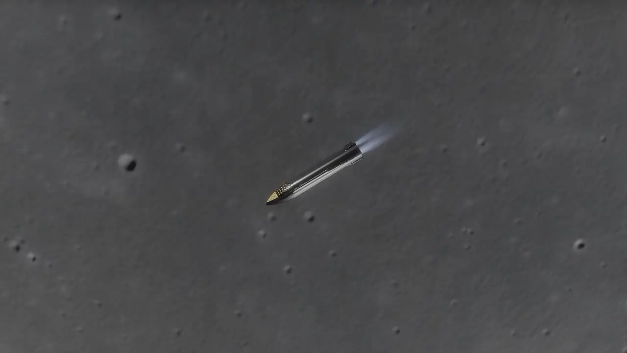 Space X above the Moon surface with engines on