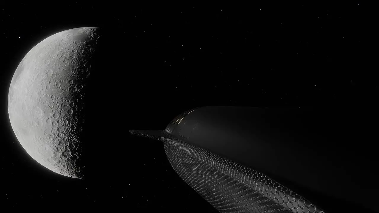 Close up of the Space X ship heading to the Moon with the Moon in the frame