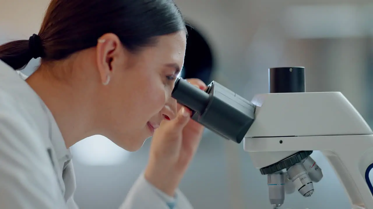 Science research and happy woman with microscope