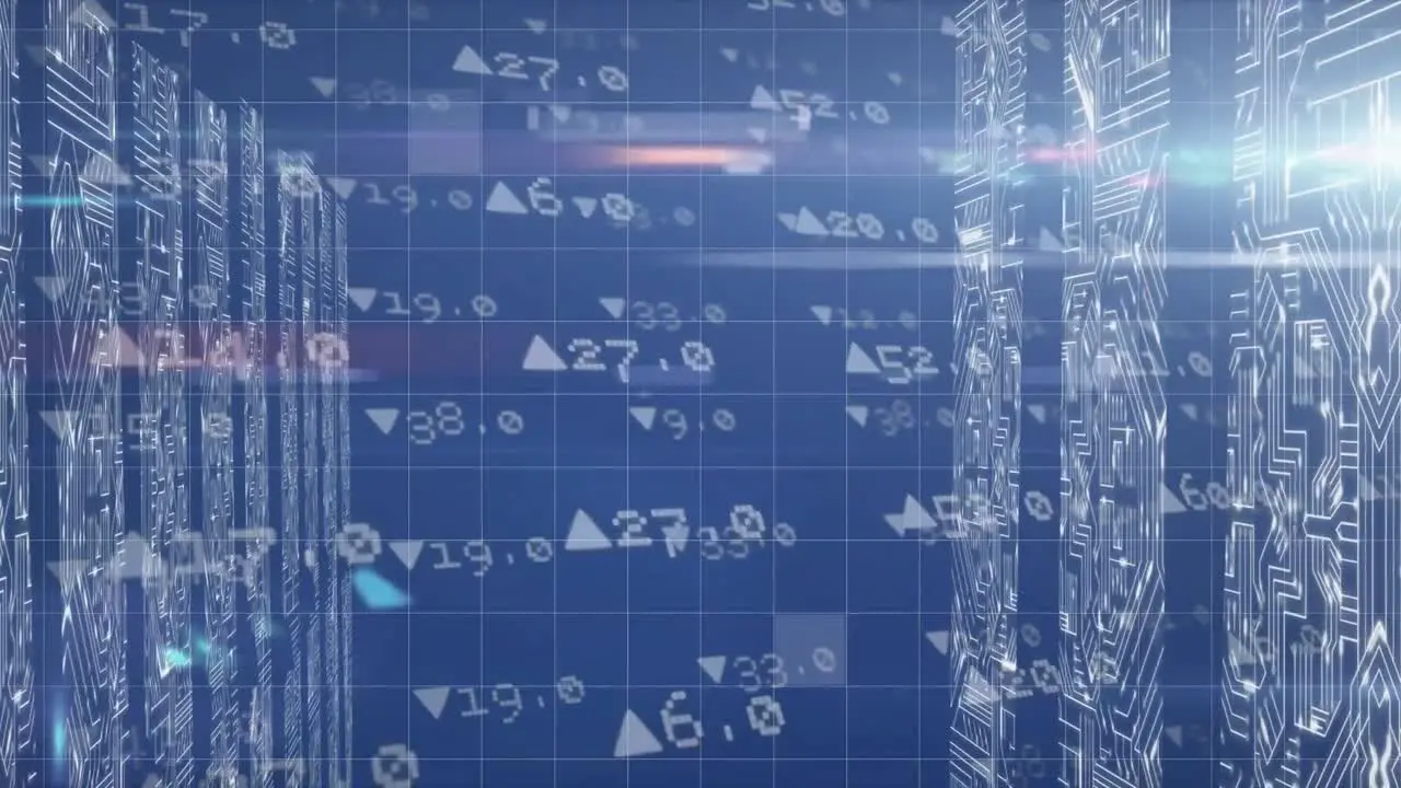 Animation of numbers with arrows floating with microprocessor connections over a grid