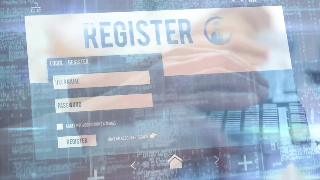 Animation of registration website over two people typing on a keyboard