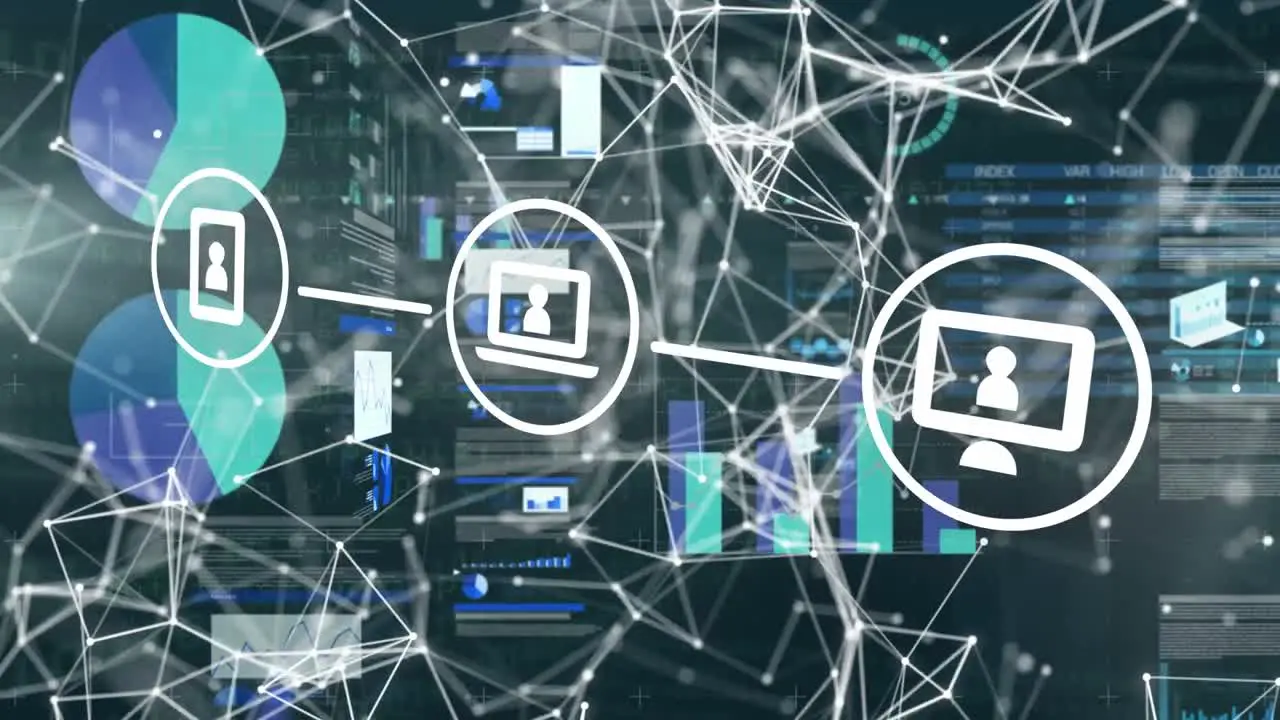 Animation of technology icons connecting dots with data graphs processing on digital interface