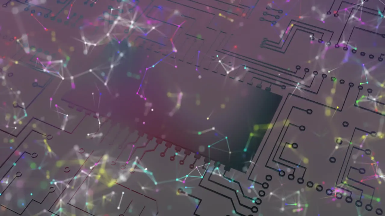 Animation of colourful shapes floating over microprocessor connections