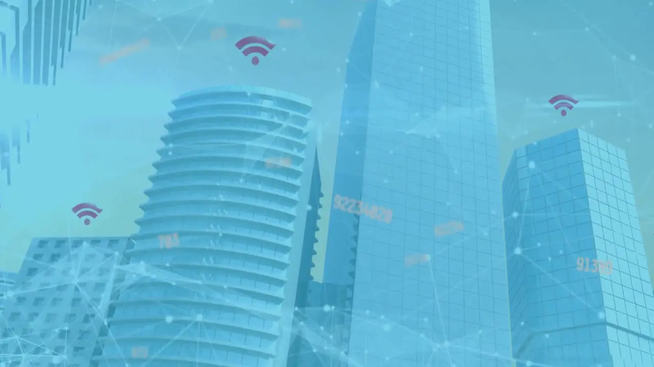 Animation of skyscrapers with wifi symbols and a network of connections