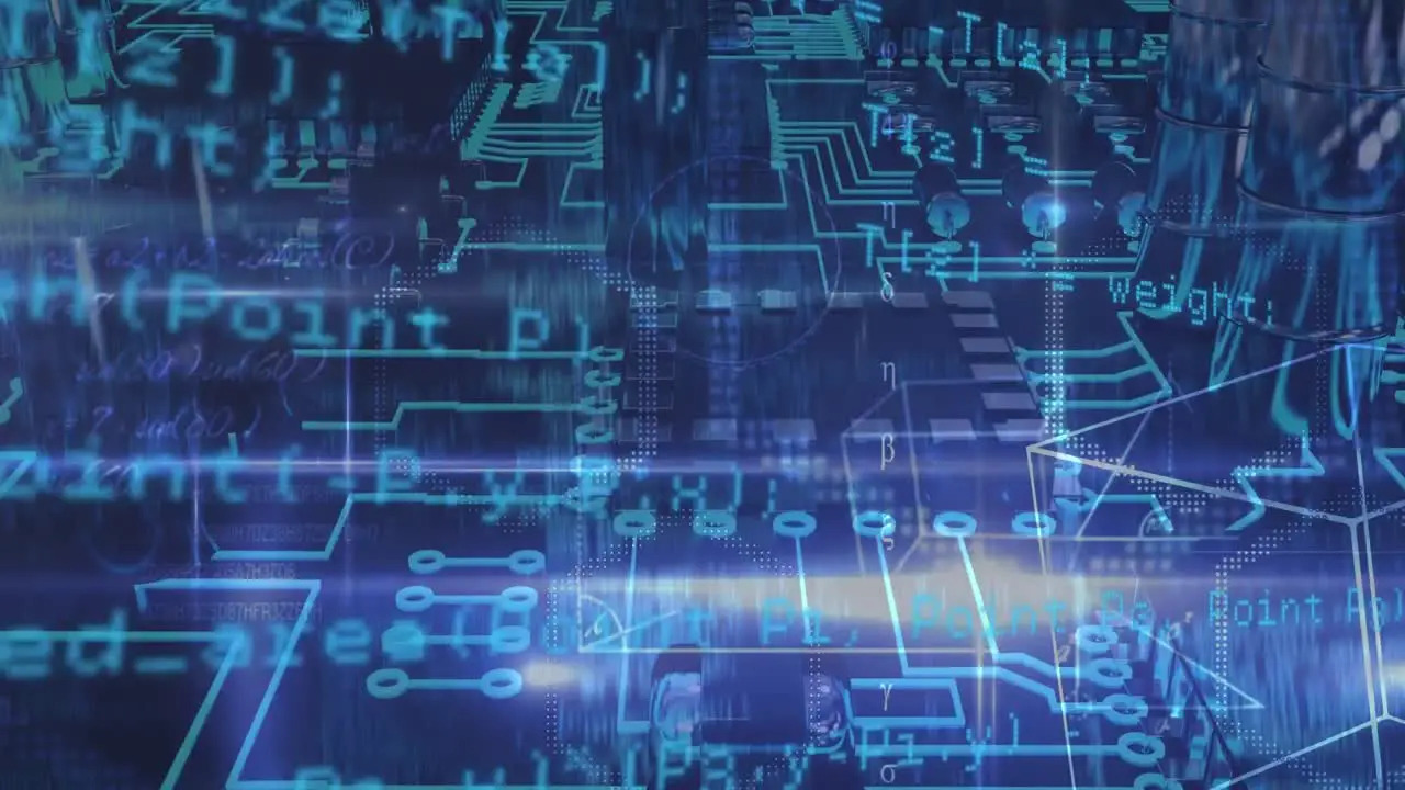 Animation of moving data and information over a blue microprocessor