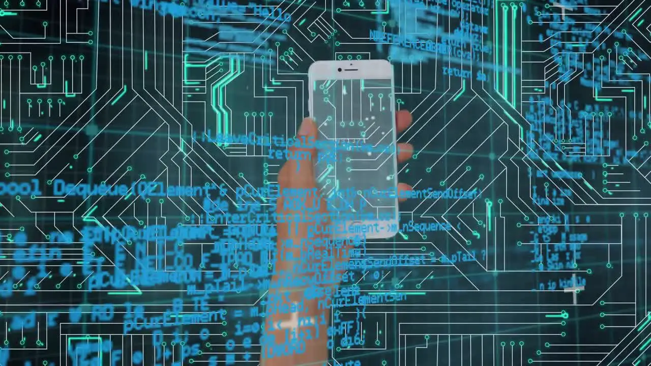 Smartphone held by a hand and digital circuit