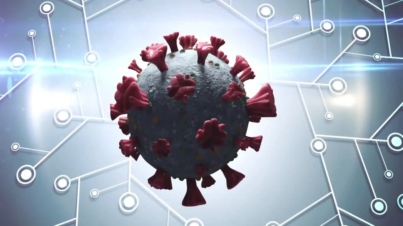 Animation of a covid cell spinning over microprocessor connections