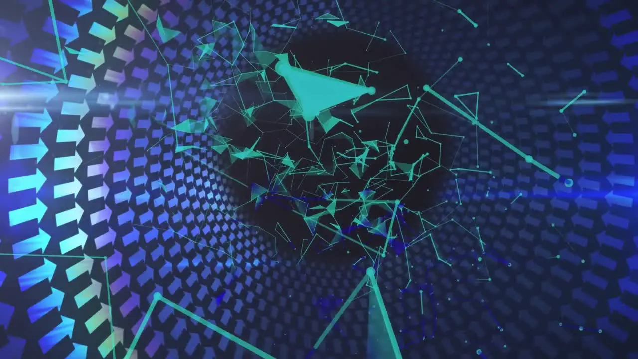 Animation of colourful shapes floating in a tunnel made of arrows