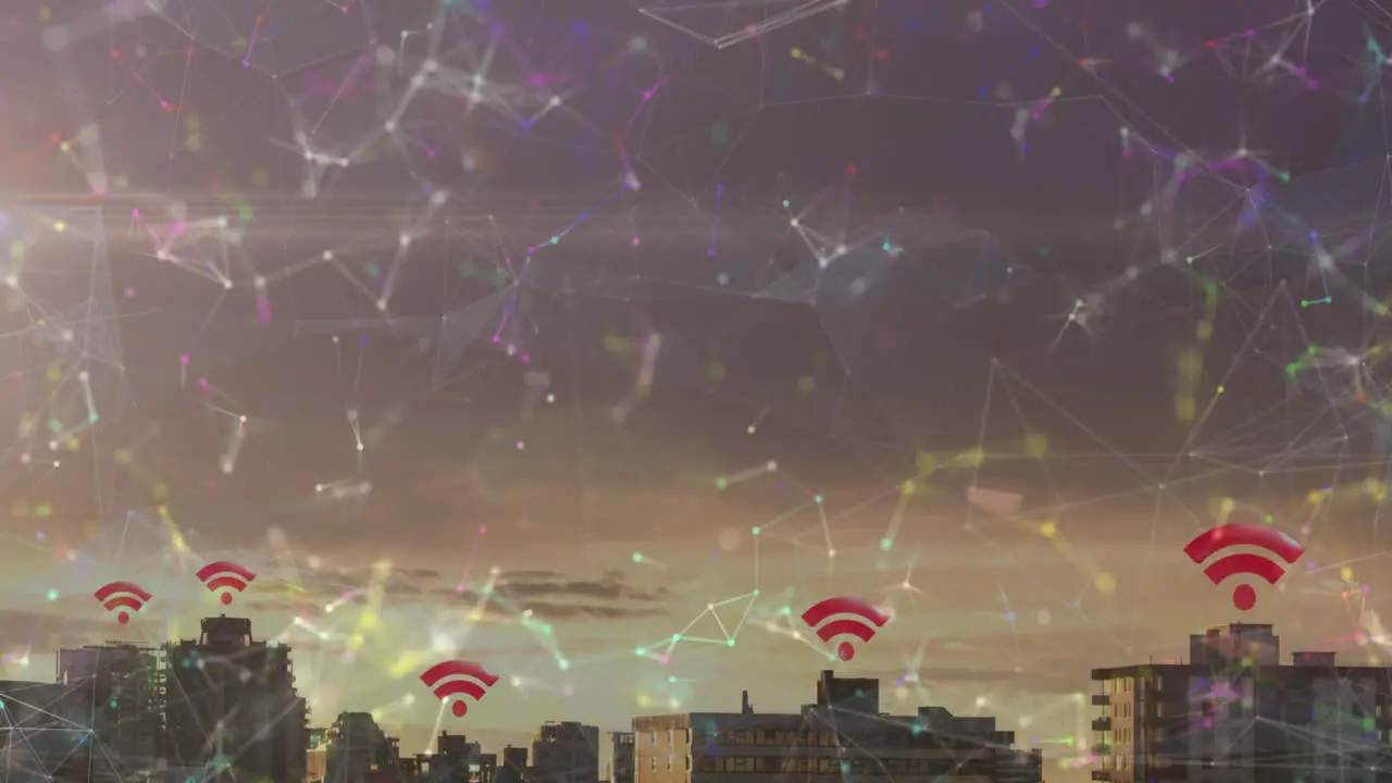 Animation of skyscrapers with wifi symbols and a colourful network of connections