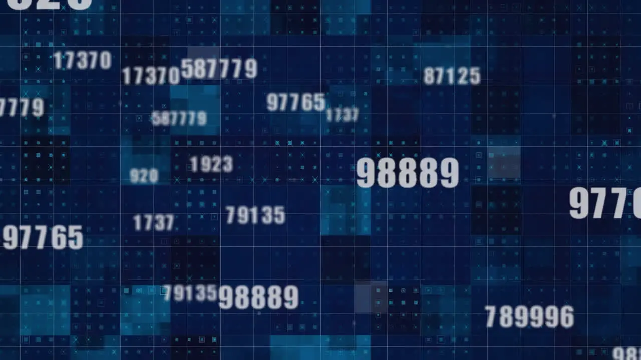 Animation of floating numbers with blue pixels in the background