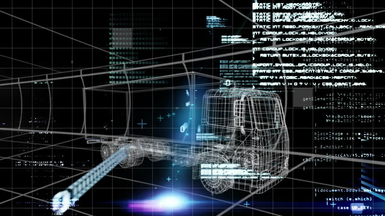 Animation of 3d truck model going through tunnel with data and information