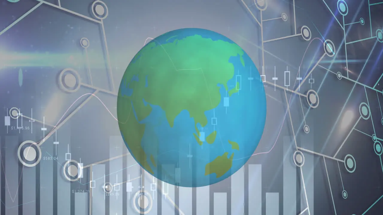 Animation of globe spinning with graph rolling over microprocessor connections