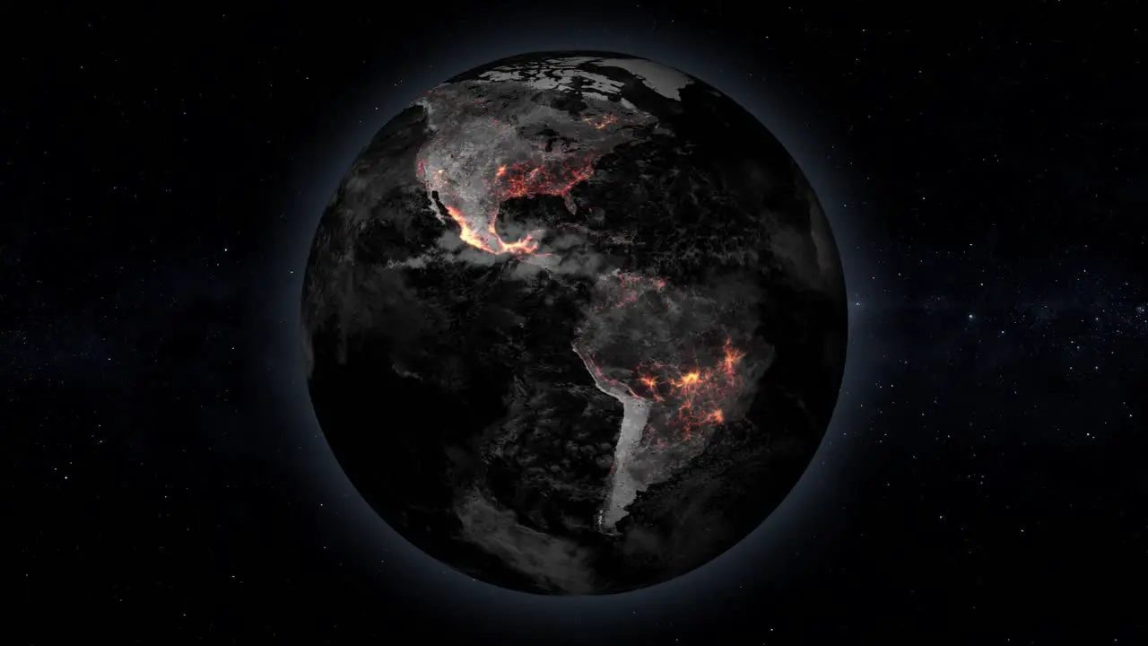 Animation Of Burning Fires In North And South America Continents During Years In The Rotating Earth