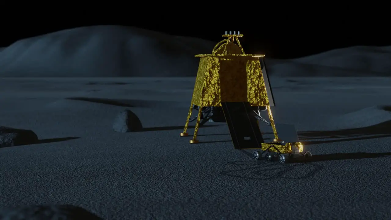 3D Animation of India's rover and lander alone on the Moon at night