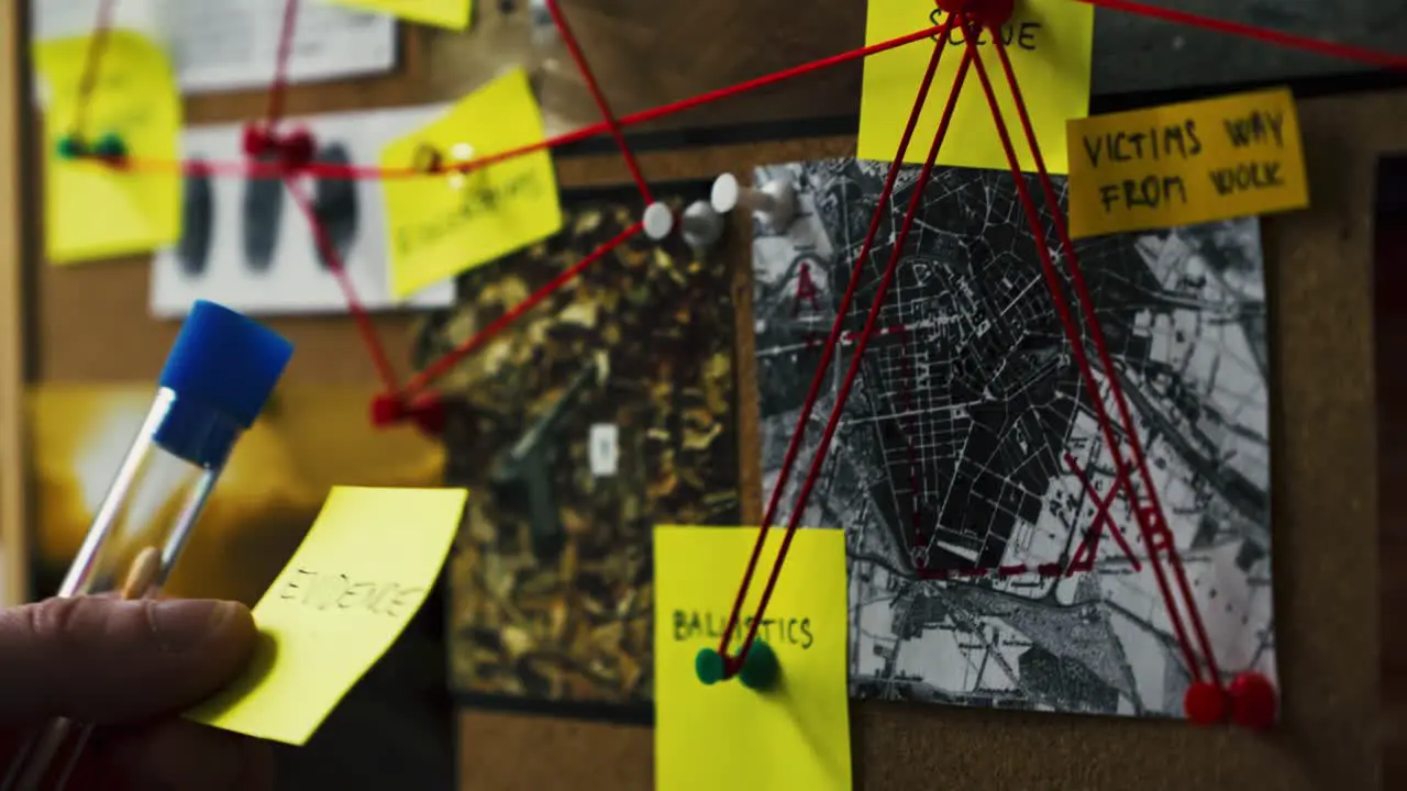 Detective carries test tube with sample and sticky note to evidence board and affixes it on