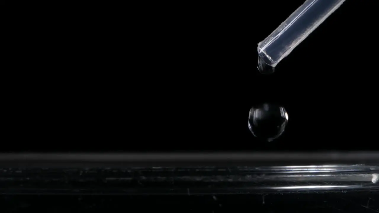 Close up on medical science drop of liquid exit a pipette black background