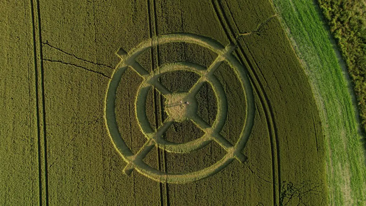 Hackpen hill strange crop circle symbols in rural grass farming meadow aerial view birdseye descending shot