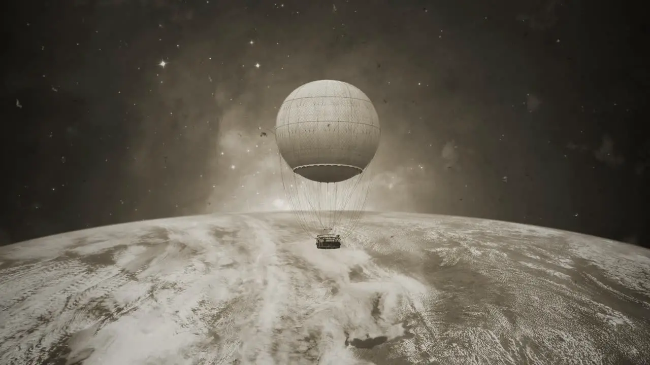 A Vintage Balloon Voyage into the Cosmic Universe Expedition Discovering the Universe's Secrets in Sepia-Toned Splendor