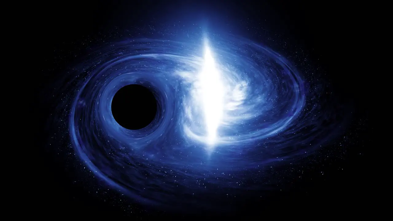 A super massive black hole passing by a giant blue galaxy bending time and space