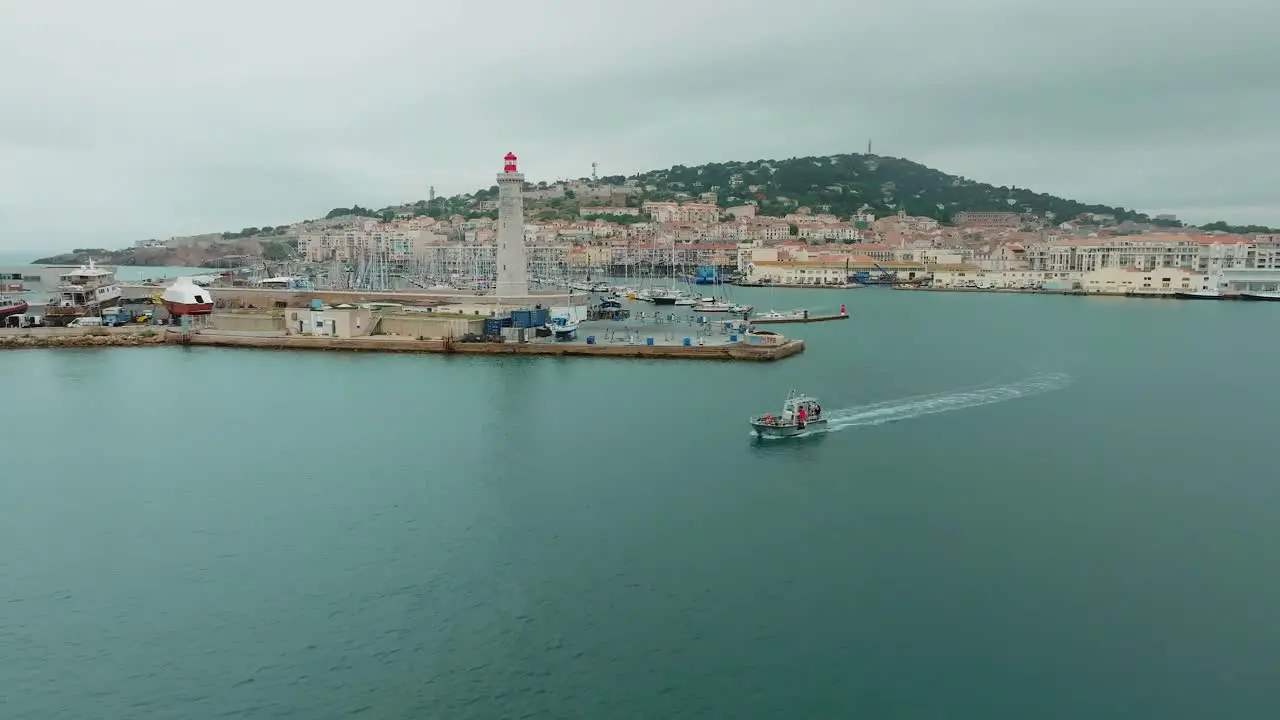 Research Boat Patrolling Sète Waterfront France Aerial Panoramic