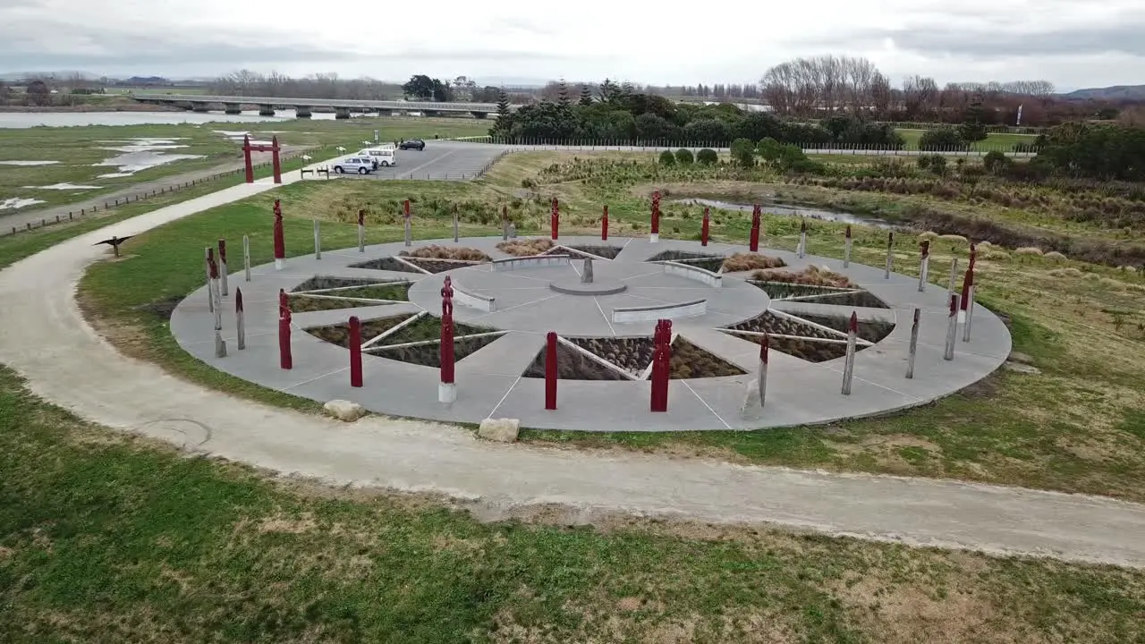 Aerial pan view of the compass central stone by the Maori in Napier New Zealand