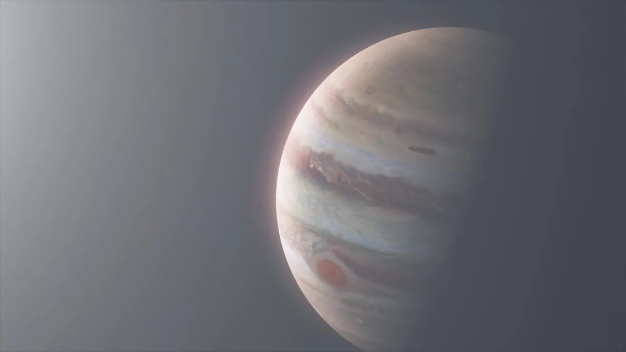 Cinematic Shot of Planet Jupiter with Great Red Spot and Strong Sun Flare Haze