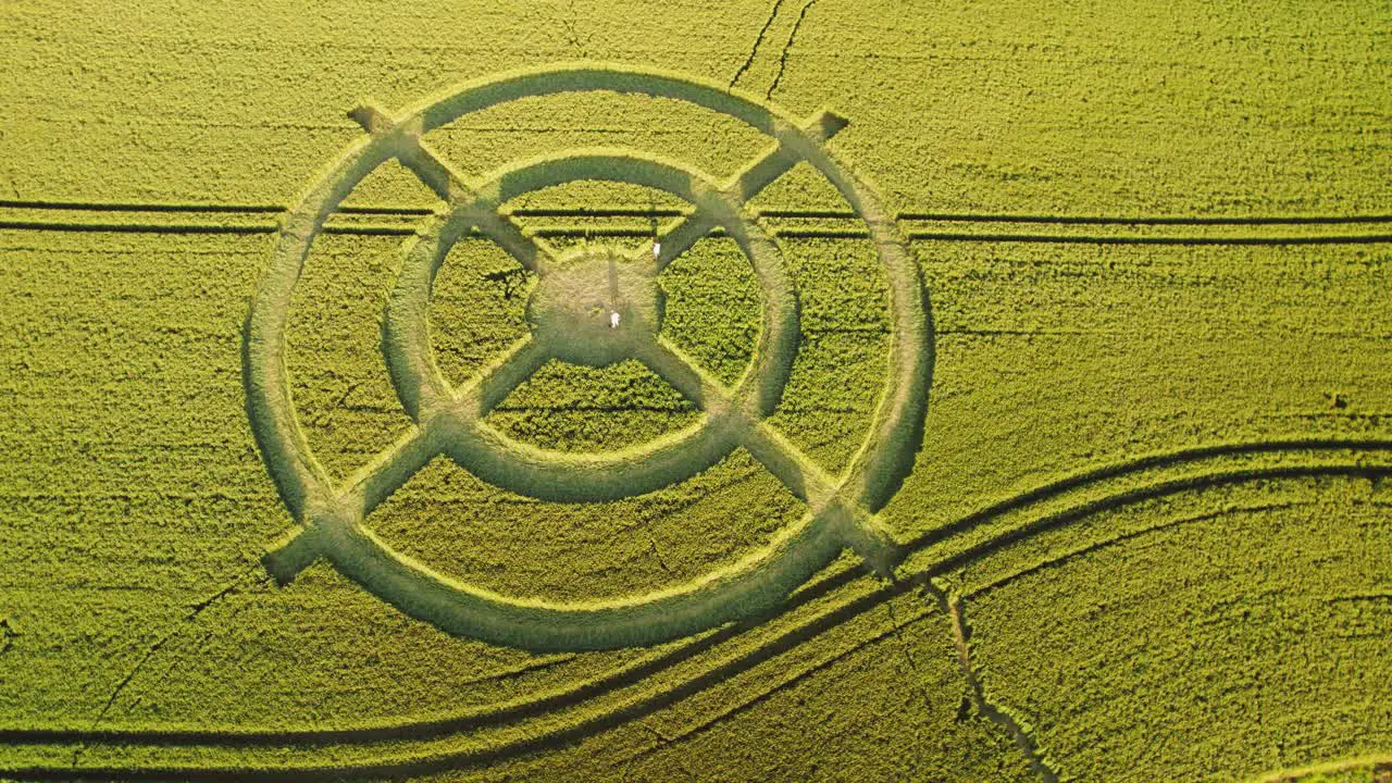 Hackpen hill strange wheat field target crop circle design in green harvest farmland aerial view right top down orbit