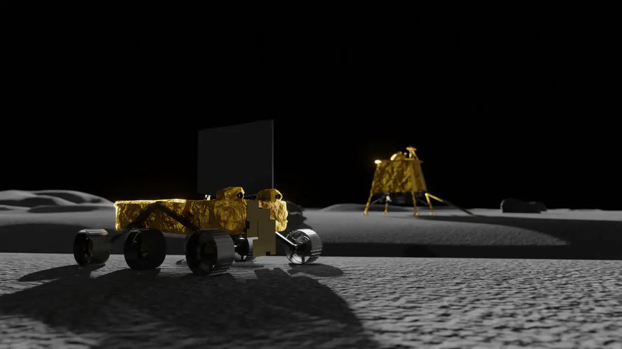 3D animation of the Pragyan Lunar rover with its lander in the background