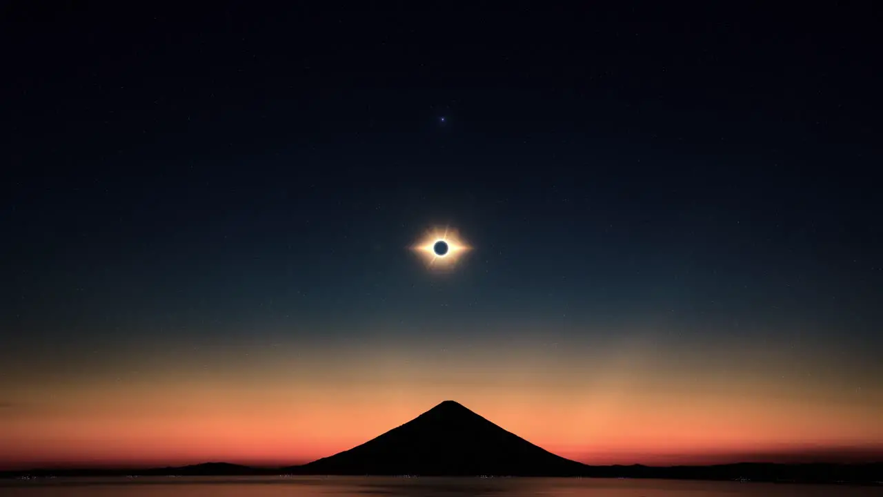 Solar elipse and moment of totality above solitude mountain peak wide angle blue hour