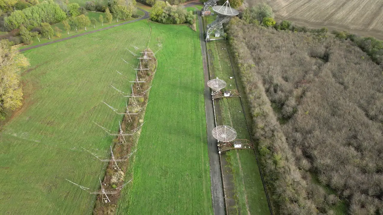 Aerial view descending to Cambridge Mullard radio observatory telescope MRAO array