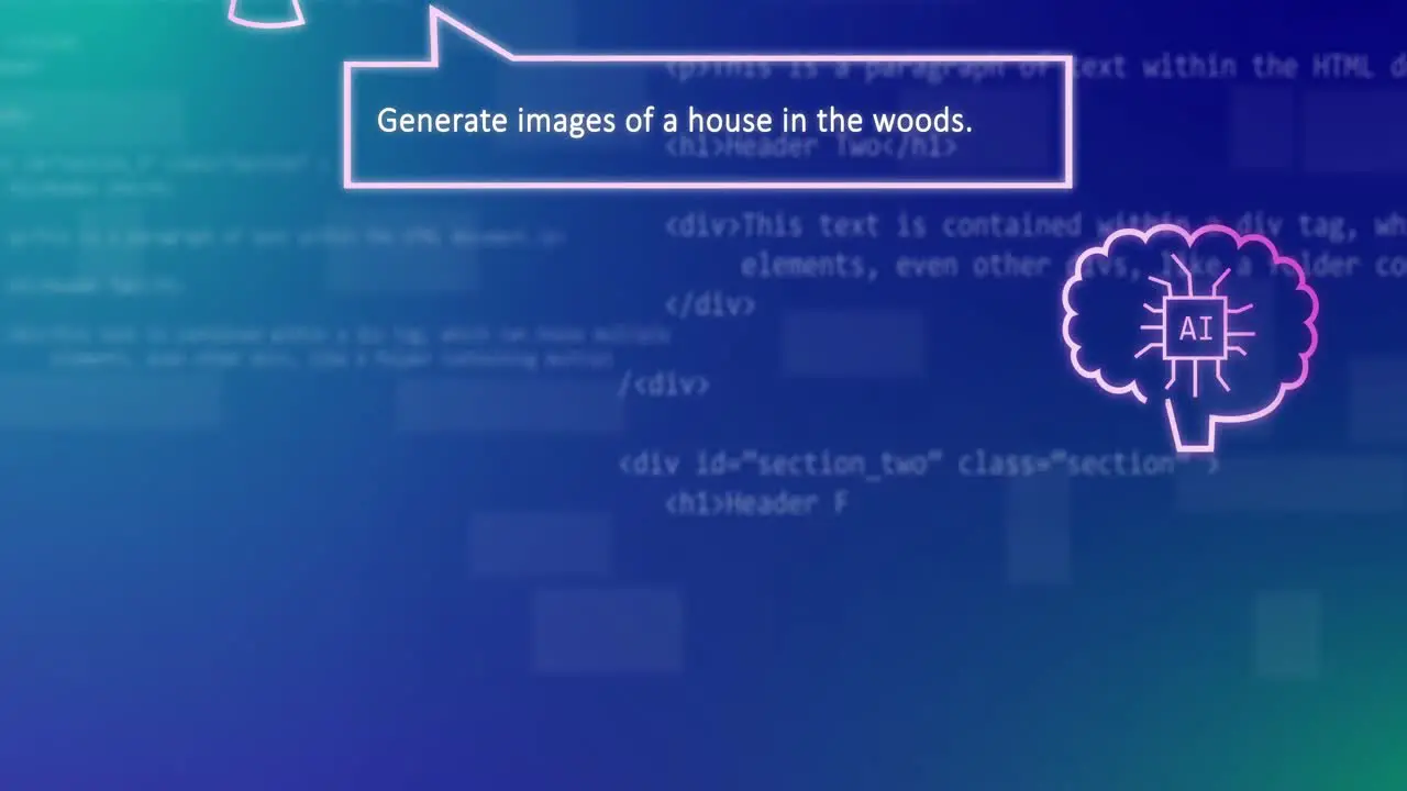 Animation of ai technology chat and images of house in woods over data processing