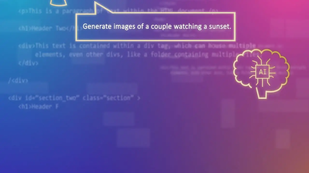 Animation of ai technology chat and images of sunset over data processing