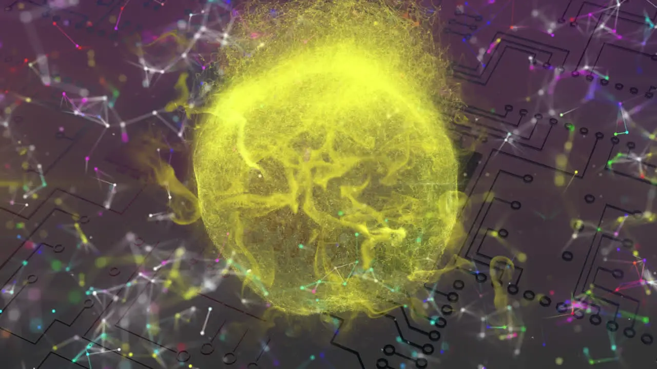 Animation of spinning yellow ball of gas with colourful network of connections over micropprocessor 