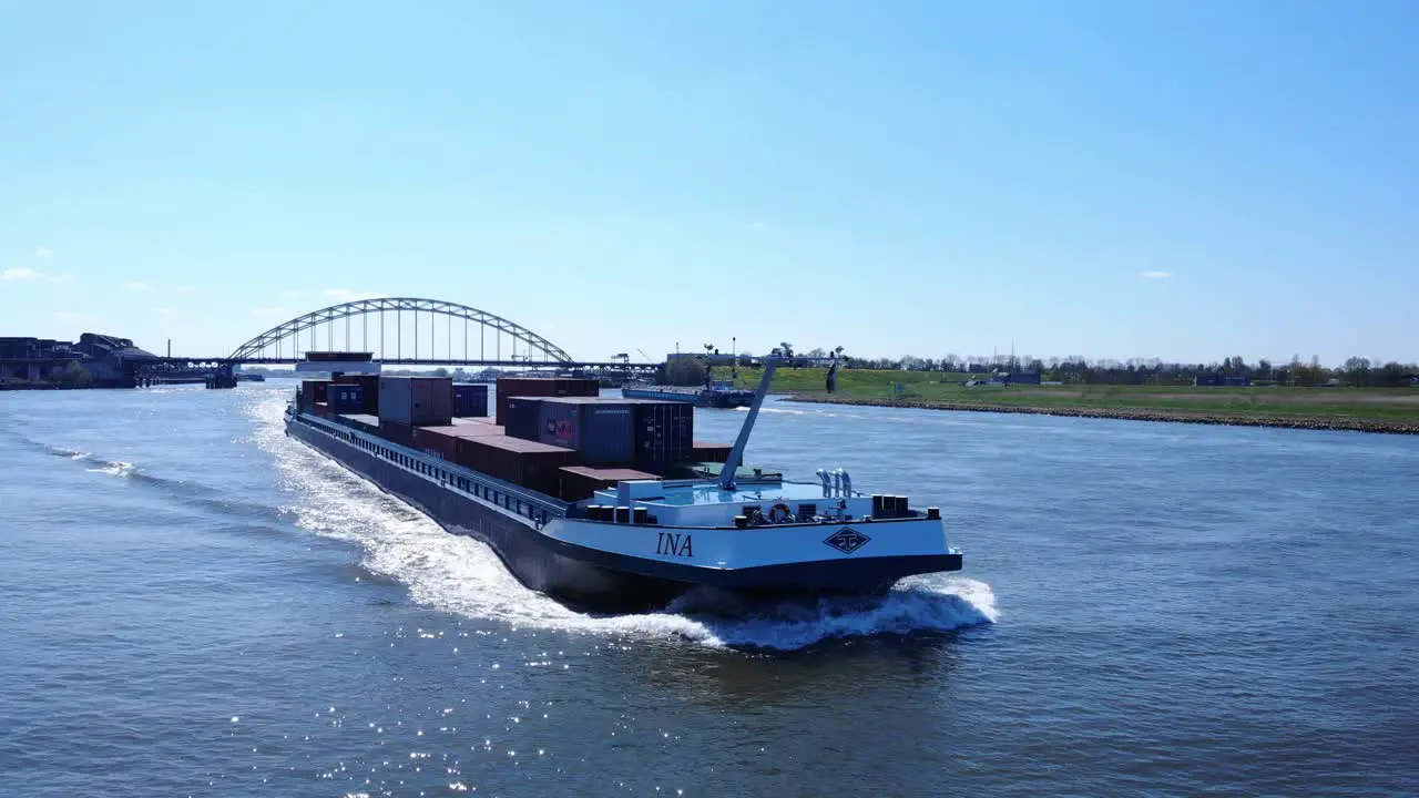 Barge With Shipping Containers Sailing At Noord River In Netherlands